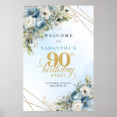 Charming dusty blue florals gold frame 90 birthday ポスター (正面)