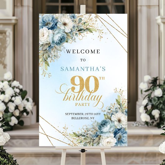 Charming dusty blue florals gold frame 90 birthday ポスター
