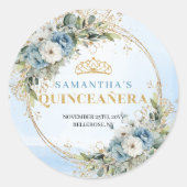 Charming Dusty Blue Gold Greenery Quinceañera  ラウンドシール (正面)