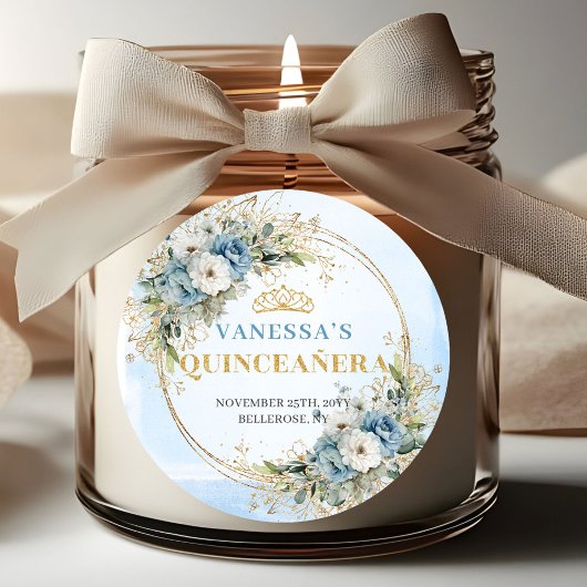 Charming Dusty Blue Gold Greenery Quinceañera  ラウンドシール