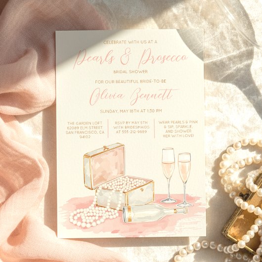 Charming Elegant Pearls & Prosecco Bridal Shower 招待状