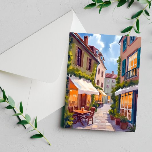 Charming European Cafe Street Cozy Village Card
