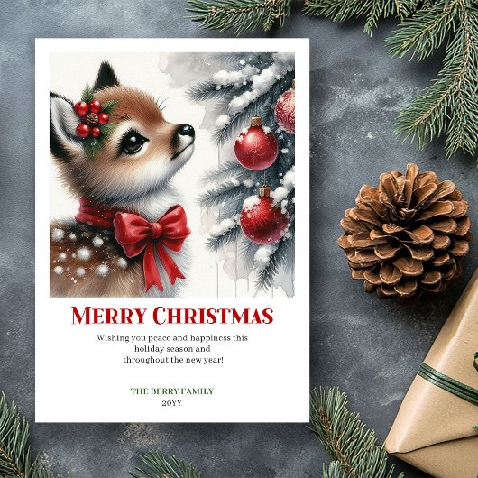 Charming Fawn Snowy Forest Watercolor Christmas  シーズンカード