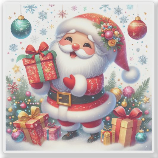 Charming Festive Red Christmas Sticker With Santa シール (正面)