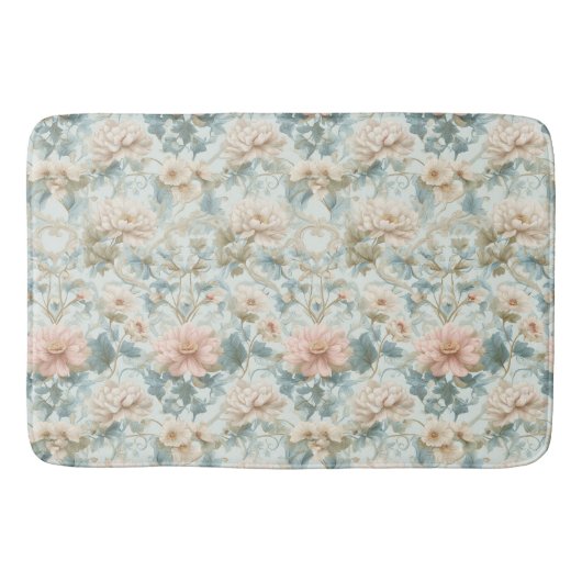 Charming Floral Pastel Blue Pink Botanical Art バスマット (正面)