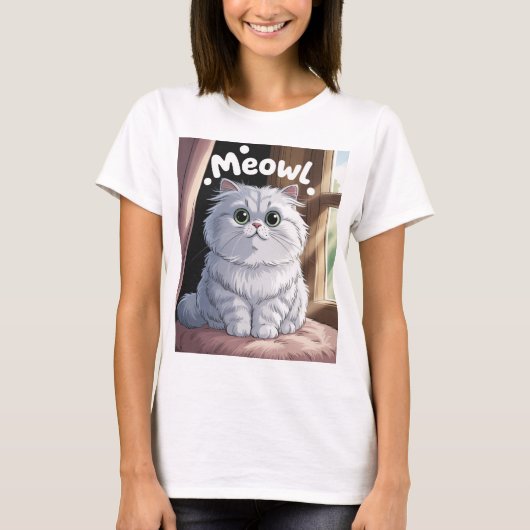 Charming Fluffy White Persian Cat "Meow!" Sticker  Tシャツ (正面)
