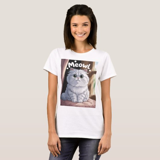 Charming Fluffy White Persian Cat "Meow!" Sticker  Tシャツ (正面フル)