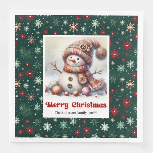 Charming funny snowman with snowflakes kids napkin (正面)