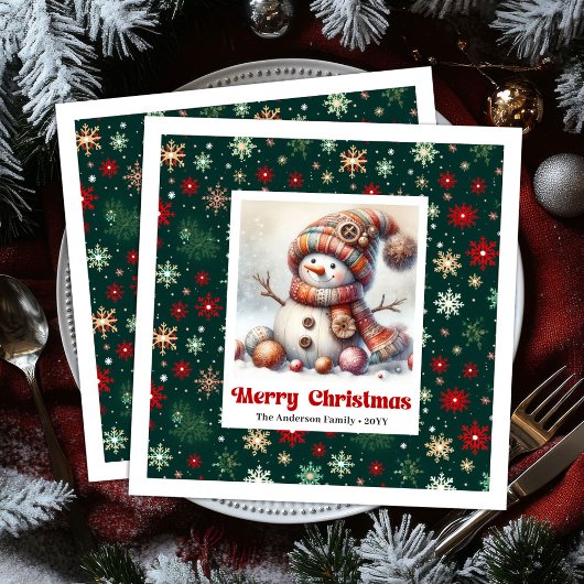 Charming funny snowman with snowflakes kids napkin