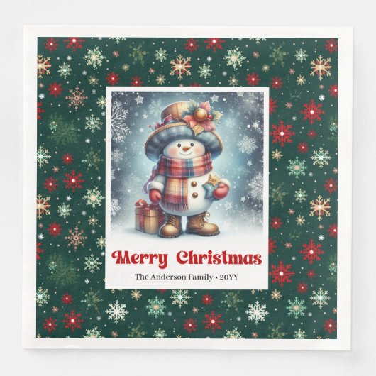 Charming funny snowman with snowflakes kids napkin (正面)