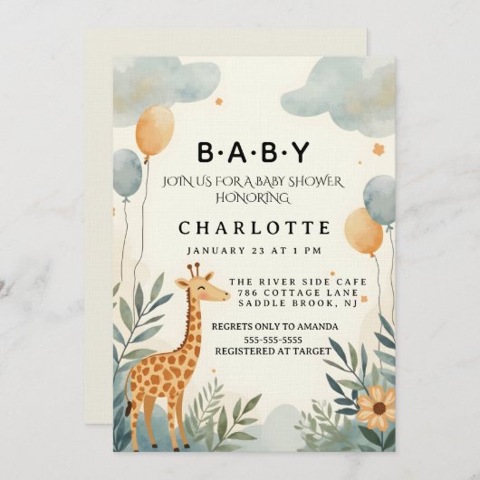 Charming Giraffe Baby Shower 招待状 (正面/裏面)
