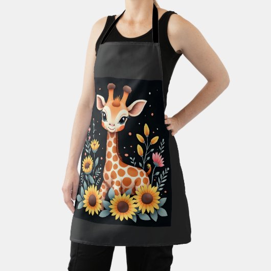 Charming Giraffe Surrounded By Flowers Long Sleeve エプロン (インサイチュ)