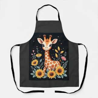 Charming Giraffe Surrounded By Flowers Long Sleeve エプロン