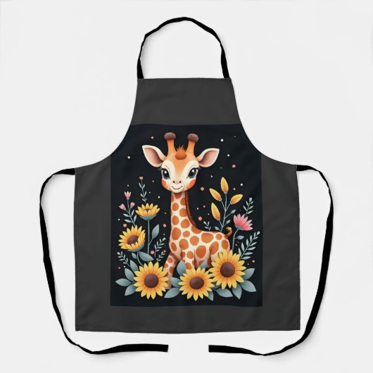 Charming Giraffe Surrounded By Flowers Long Sleeve エプロン (正面)