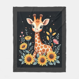 Charming Giraffe Surrounded By Flowers Long Sleeve フリースブランケット