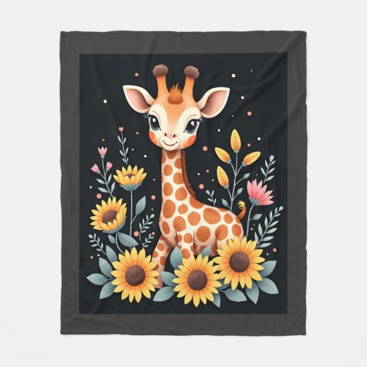 Charming Giraffe Surrounded By Flowers Long Sleeve フリースブランケット (正面)