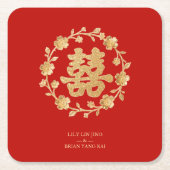 Charming Glitter Floral Chinese Double Happiness スクエアペーパーコースター (正面)