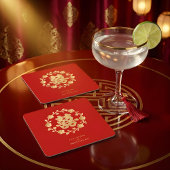 Charming Glitter Floral Chinese Double Happiness スクエアペーパーコースター