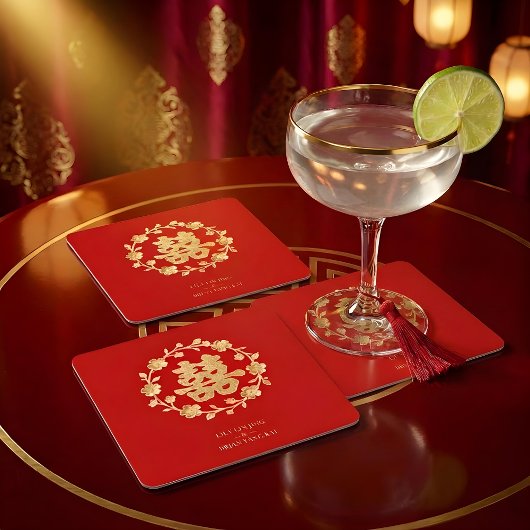 Charming Glitter Floral Chinese Double Happiness スクエアペーパーコースター