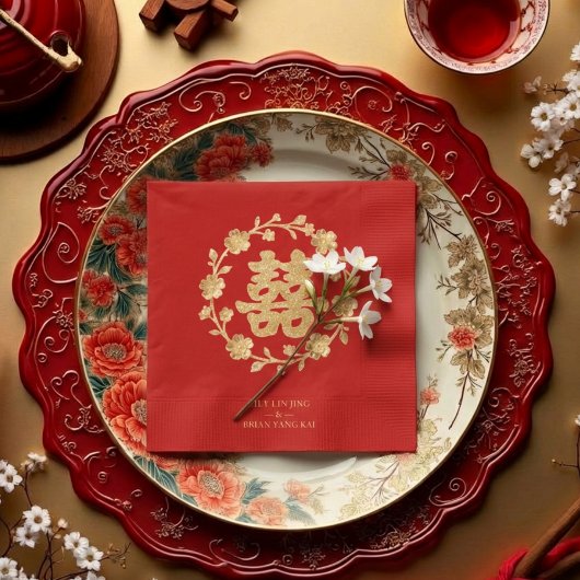 Charming Glitter Floral Chinese Double Happiness スタンダードカクテルナプキン