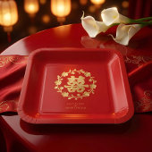Charming Glitter Floral Chinese Double Happiness ペーパープレート