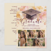 Charming Graduation Cap 5-Photo Collage Floral 招待状 (正面/裏面)