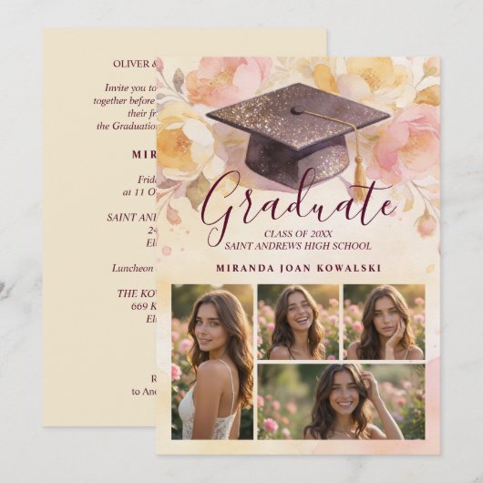 Charming Graduation Cap 5-Photo Collage Floral 招待状 (正面/裏面)