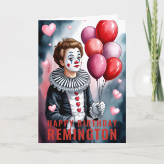 Charming Heart-Themed Pierrot Clown Birthday カード