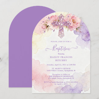 Charming Lavender Glitter Floral Cross Baptism 招待状