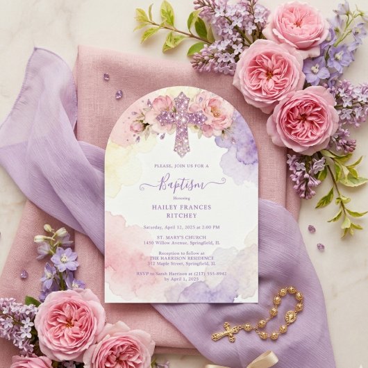 Charming Lavender Glitter Floral Cross Baptism 招待状