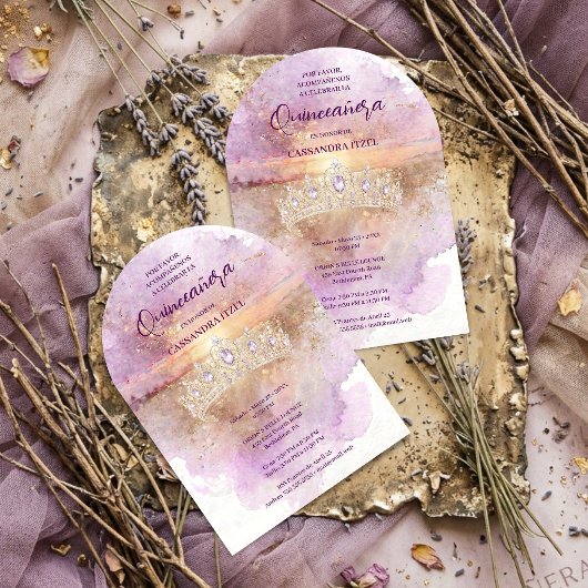 Charming Lilac & Gold Tiara Watercolor Quinceañera アクリル招待状
