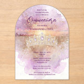 Charming Lilac & Gold Tiara Watercolor Quinceañera アクリル招待状 (正面)