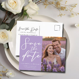 Charming Lilac Purple Couple Photo Save the Date 案内ポストカード