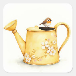 Charming little robin perched on a watering can スクエアシール