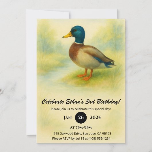 Charming Mallard Watercolor Illustration Birthday 招待状 (正面)