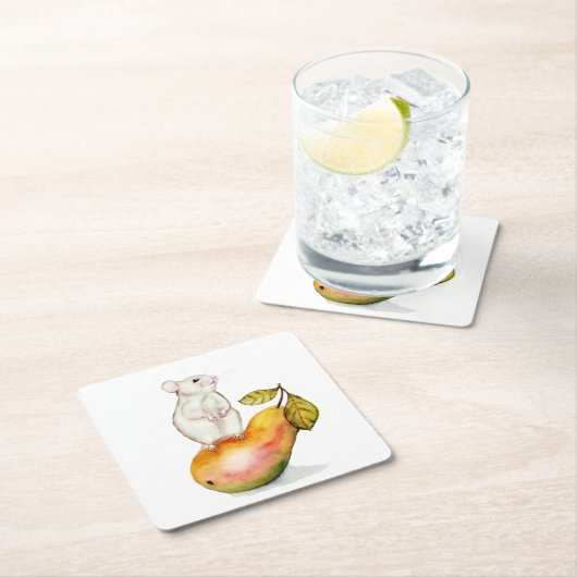 Charming Mouse on a Pear スクエアペーパーコースター (インサイチュ)