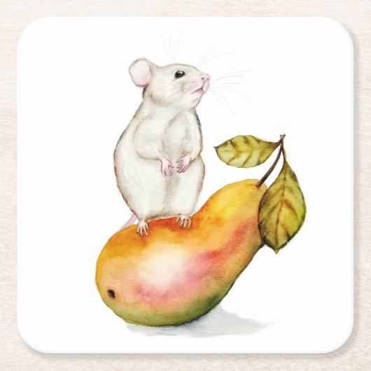 Charming Mouse on a Pear スクエアペーパーコースター (正面)