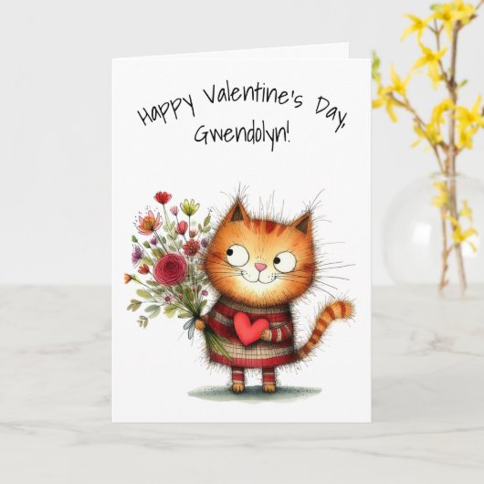 Charming Orange Kitty Cat Happy Valentine's Day カード (黄色い花)