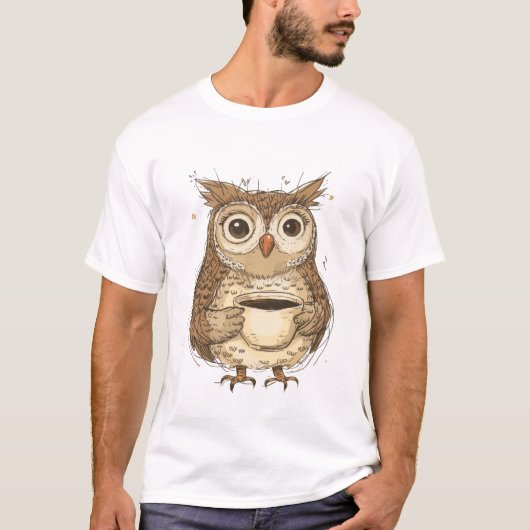 Charming Owl with Coffee Mug Illustration Tシャツ (正面)