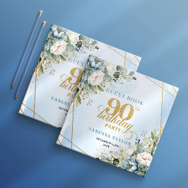 Charming Pastel Blue Gold 90th Birthday Sign In ゲストブック