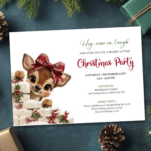 Charming peeking reindeer fun holiday party invite 招待状