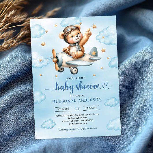 Charming pilot teddy bear blue boy shower invites 招待状