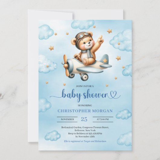 Charming pilot teddy bear blue boy shower invites 招待状 (正面)