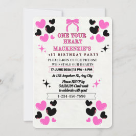 CHARMING PINK BLACK HEARTS FLAT 5X7 GIRL BIRTHDAY 招待状