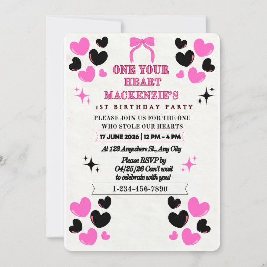 CHARMING PINK BLACK HEARTS FLAT 5X7 GIRL BIRTHDAY 招待状 (正面)