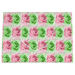 Charming Pink & Green Rose Wide Gift Bag ラージペーパーバッグ