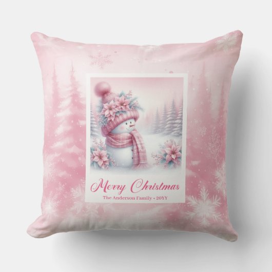 Charming Pink Snowman Christmas Scene Pillow Gift クッション (正面)