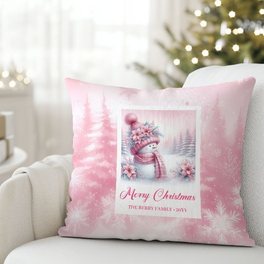 Charming Pink Snowman Christmas Scene Pillow Gift クッション