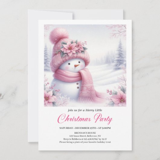Charming Pink Snowman Editable Christmas Invite   招待状 (正面)