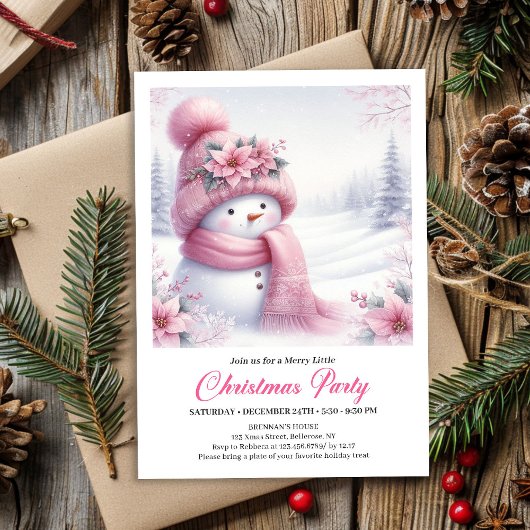 Charming Pink Snowman Editable Christmas Invite   招待状